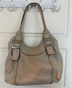 Tignanello Beige Pebbled Leather Buckle Shoulder Bag